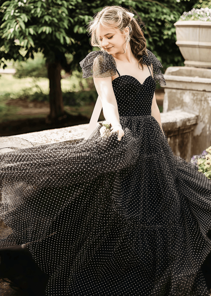 May | A Line Polk Dots Black Tulle Long Prom Dress Near Me - Price #price_variant_lowest# - Black - PromDressClub