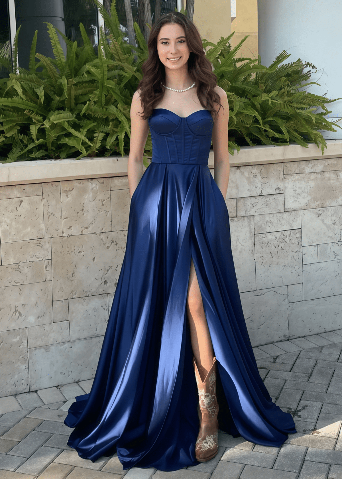 Meroy | A Line Navy Blue Satin Maxi Prom Dress Stores Near Me - Price #price_variant_lowest# - Navy Blue - PromDressClub