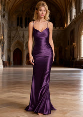 Mila Purple Satin Backless Prom Dress | Mermaid Spaghetti Straps V - Neck Ruched Dress - US0 - PromDressClub