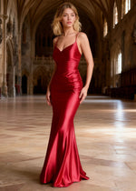 Mila Red Satin Backless Prom Dress | Mermaid Spaghetti Straps V - Neck Ruched Dress - US0 - PromDressClub
