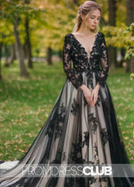 Miranda |Black And White Long Wedding Dresses Near Me With Non - Traditional Gothic Boho Lace Flowy Forest Sleeved Backless Bridal Gown Court Train - Price #price_variant_lowest# - White - PromDressClub