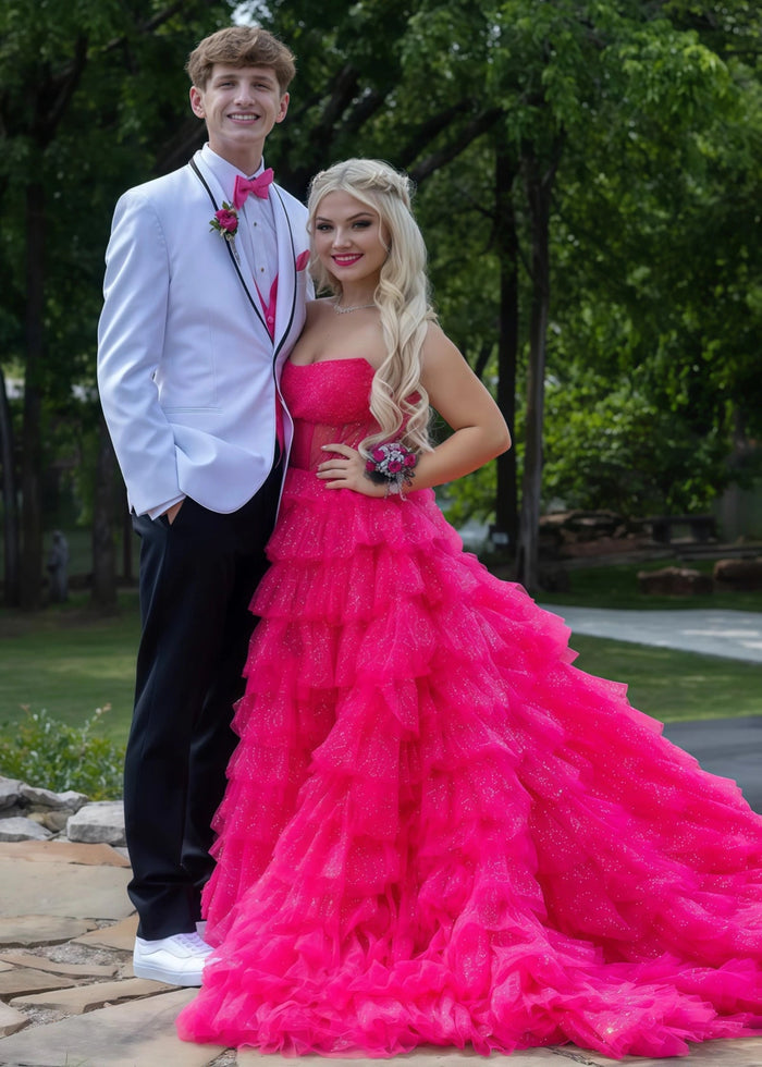 Miriam | Sparkle A Line Tiered Tulle Hot Pink Formal Dress Stores Near Me - Price #price_variant_lowest# - Hot Pink - PromDressClub