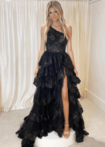 Monica | A Line Tiered Ruffle Black Tulle Sequin Long Prom Dress - Price #price_variant_lowest# - Black - PromDressClub