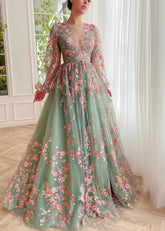 Naomi | Stunning Sage Green Long Sleeve Flower Corset Prom Dress - Sage Floral - PromDressClub
