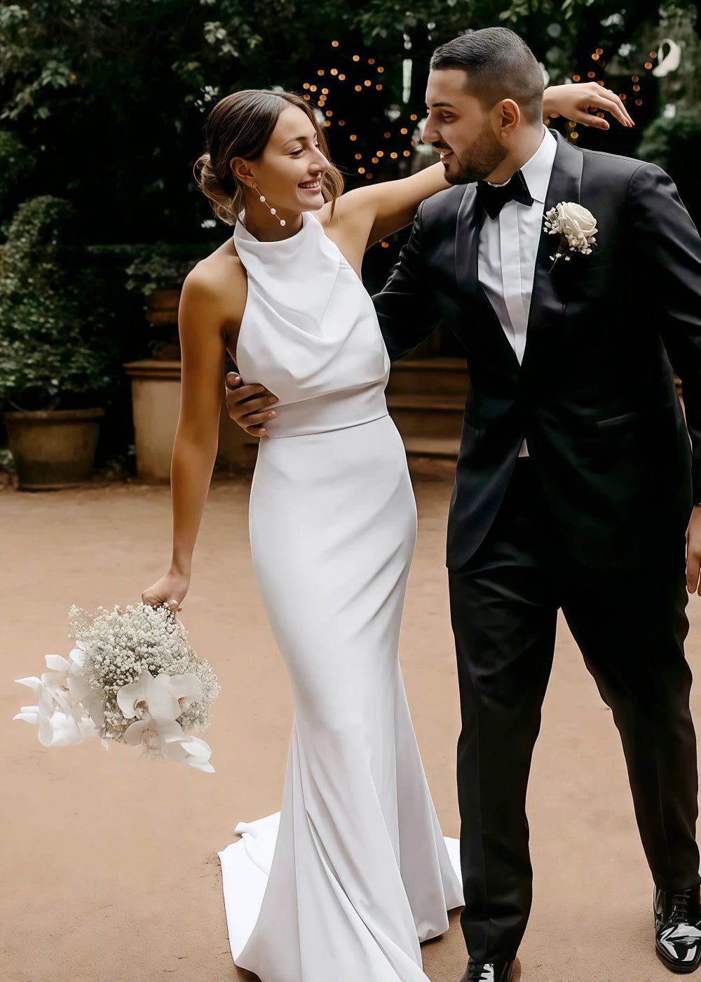 Natividad | Elegant Modest Halter Neck Satin Mermaid Wedding Dress for Outdoor Weddings - White - PromDressClub