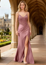 Niam Dusty Rose V - Neck Sequin Prom Dress | Sheath Spaghetti Strap Corset Backless Pleated Satin Formal Dress with Slit - Dusty Rose - PromDressClub