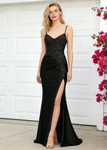 Niamh Beaded Black Lace Dress Prom | Mermaid Spaghetti Strap V - Neck Pleated Satin Formal Dress with Slit - Black - PromDressClub