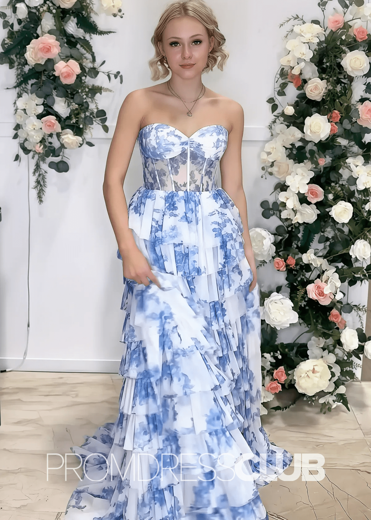 Nicola |Long Light Blue Floral Prom Dresses Near Me With Tulle Tiered A Line Strapless Sweetheart - Price #price_variant_lowest# - Blue Floral - PromDressClub