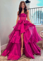 Nina | A - Line Strapless Tiered Tulle Hot Pink Long Prom Dress - Price #price_variant_lowest# - Hot Pink - PromDressClub