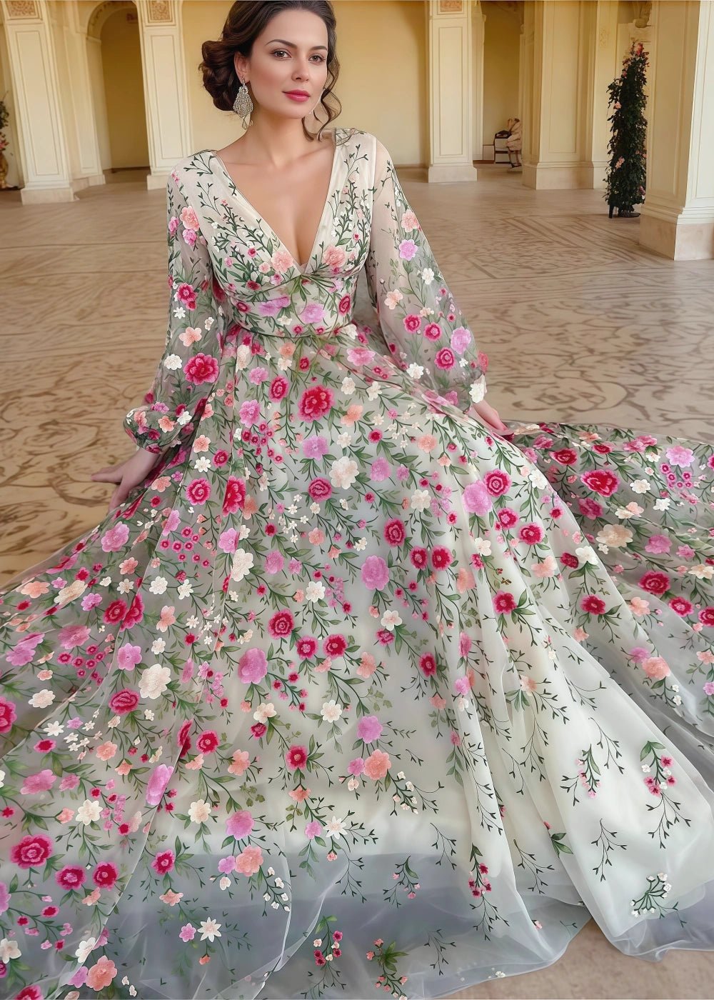 Nora | Elegant White Long Sleeve V Neck Flower Prom Dress - White Floral - PromDressClub