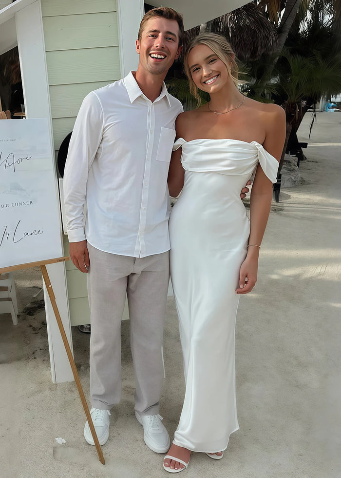 Nora Women's White Off the Shoulder Dress for Prom | Sheath Strapless Satin Floor Length Formal Dress - White - PromDressClub