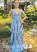 Norma |Blue Prom Dresses Long Shops With A Line Straps V - Neck Tiered Slit - Price #price_variant_lowest# - Light Blue - PromDressClub