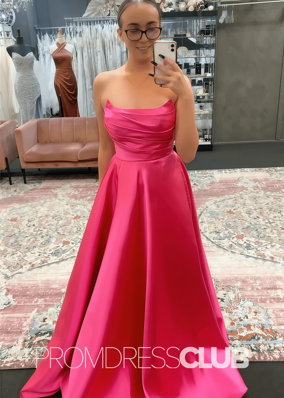 Odelia |Long Hot Pink Prom Dresses Shops With A Line Strapless Satin Long Formal Gown - Price #price_variant_lowest# - Hot Pink - PromDressClub