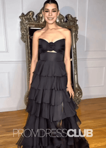 Olga |Black Long Prom Dresses Store With A - Line Strapless Tiered Chiffon V - Neck Layered - Price #price_variant_lowest# - Black - PromDressClub