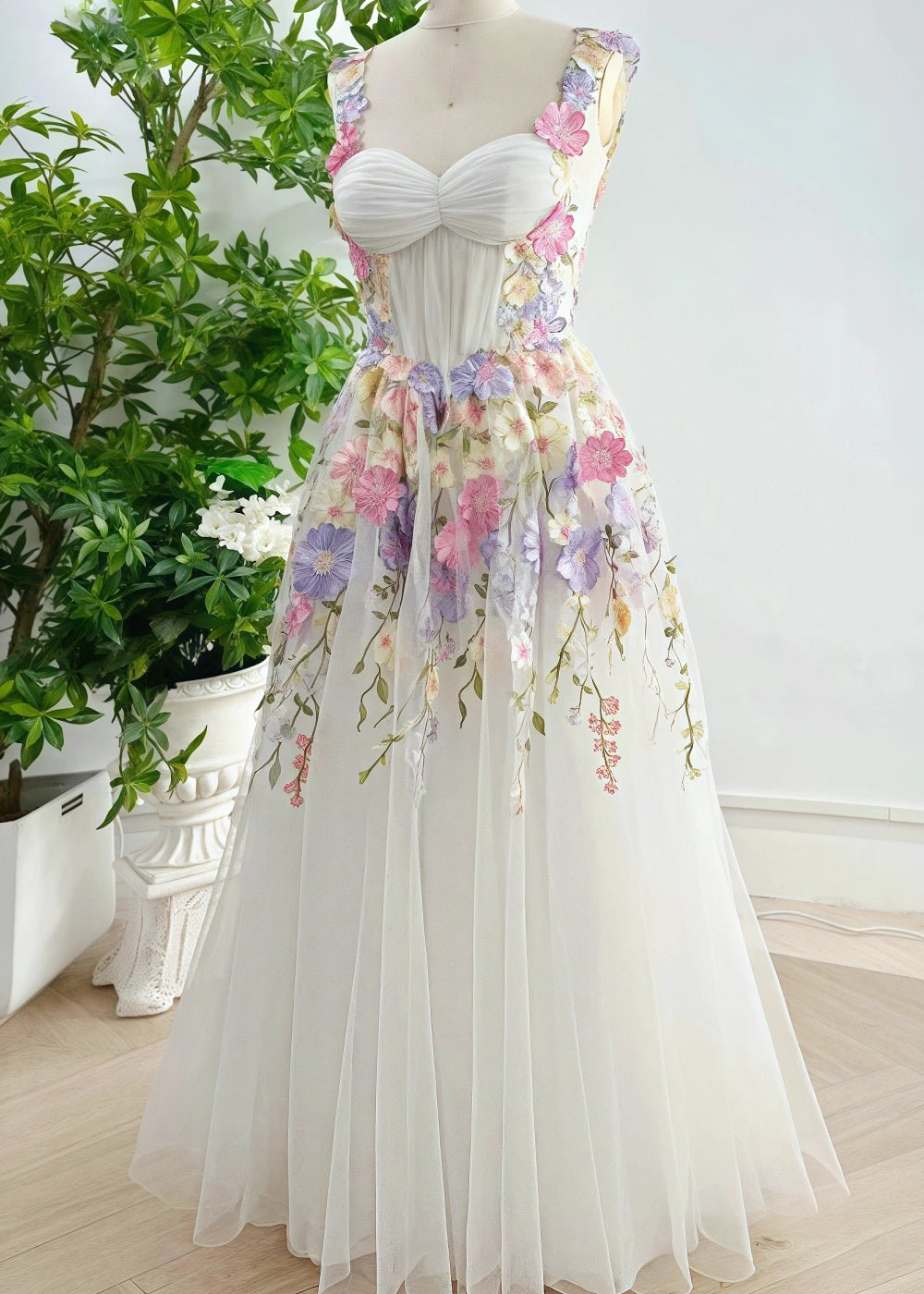 Olive | Gorgeous A Line Ivory Flower Corset Backless Prom Dress - Ivory Floral - PromDressClub