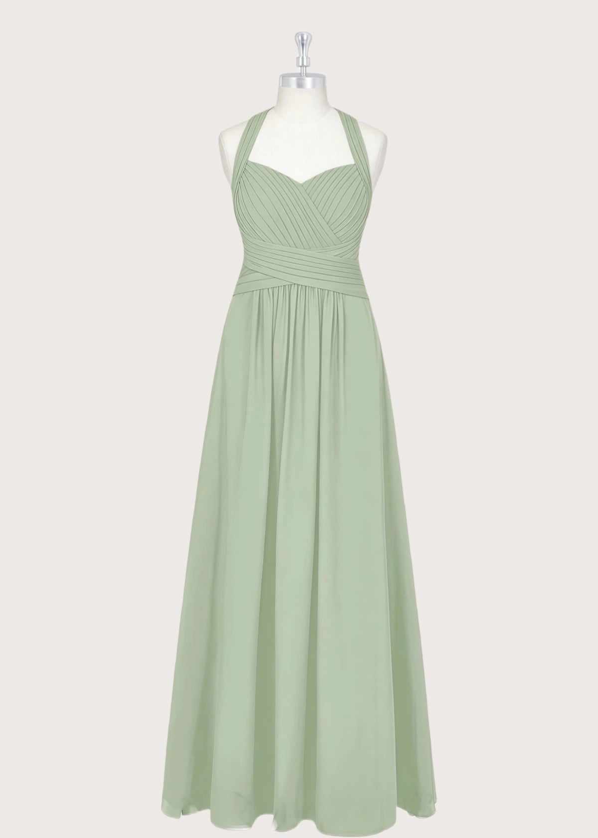 Pamela | A - Line Halter Sage Green Chiffon Long Bridesmaid Dresses - Price #price_variant_lowest# - Sage - PromDressClub
