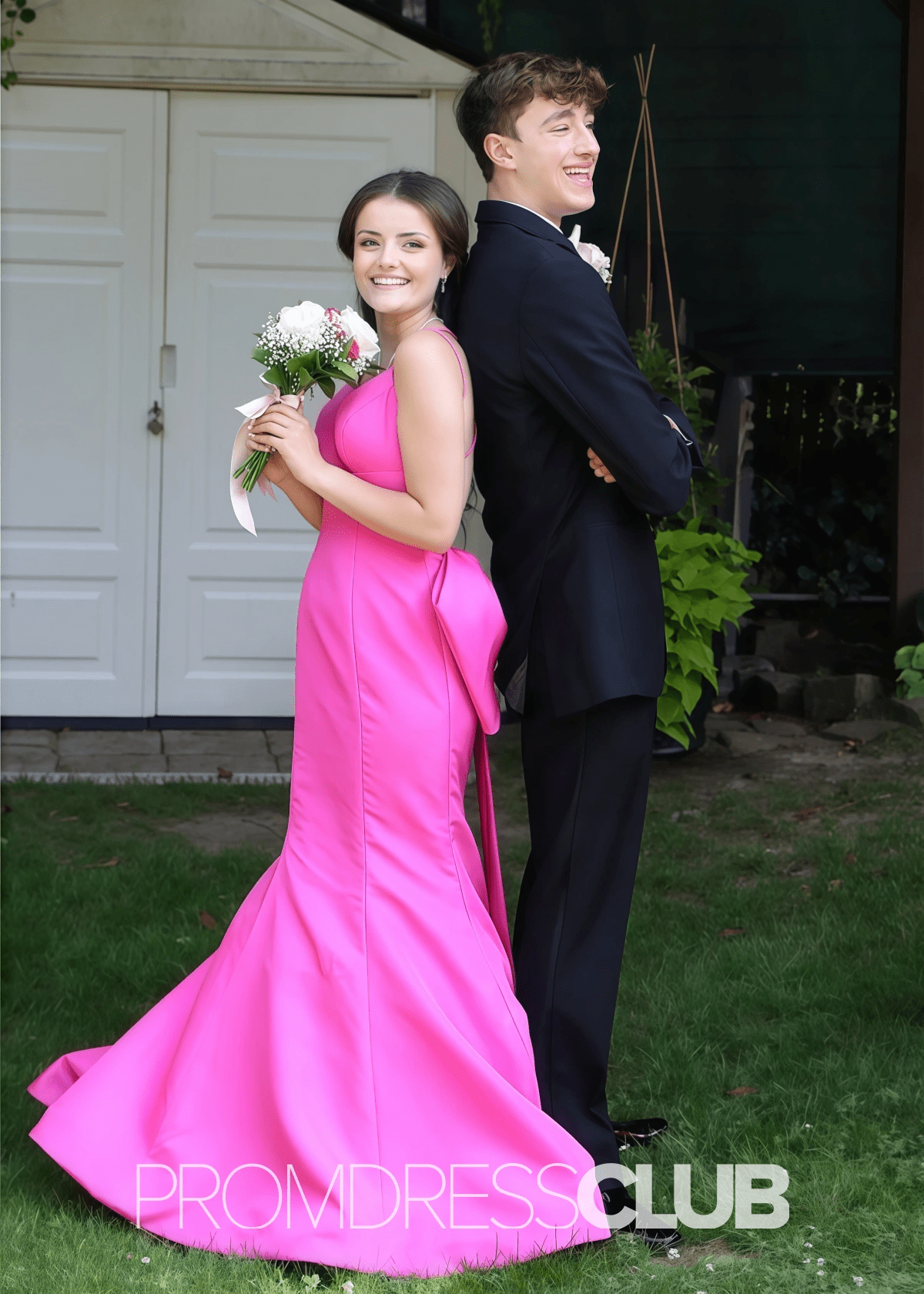 Pamela |Hot Pink Long Prom Dresses Near Me With atin Backless Mermaid V Neck Bow - Price #price_variant_lowest# - Hot Pink - PromDressClub