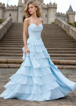 Penumbra Sky Blue Corset Ruffle Prom Dress | A - Line Cowl Neck Lace Tiered Pleated Dress with Slit - US0 - PromDressClub
