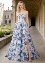 Pia Corset White and Blue Floral Prom Dress Ruffles | A - Line Strapless Lace Detail Slit Formal Dress - White and Blue Floral - PromDressClub