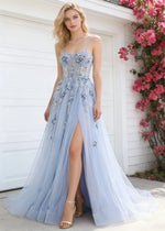 Pippa Sequin Blue Corset Dress Prom | A - Line Strapless Sweetheart Neckline Tulle Formal Dress with Appliques - Blue - PromDressClub