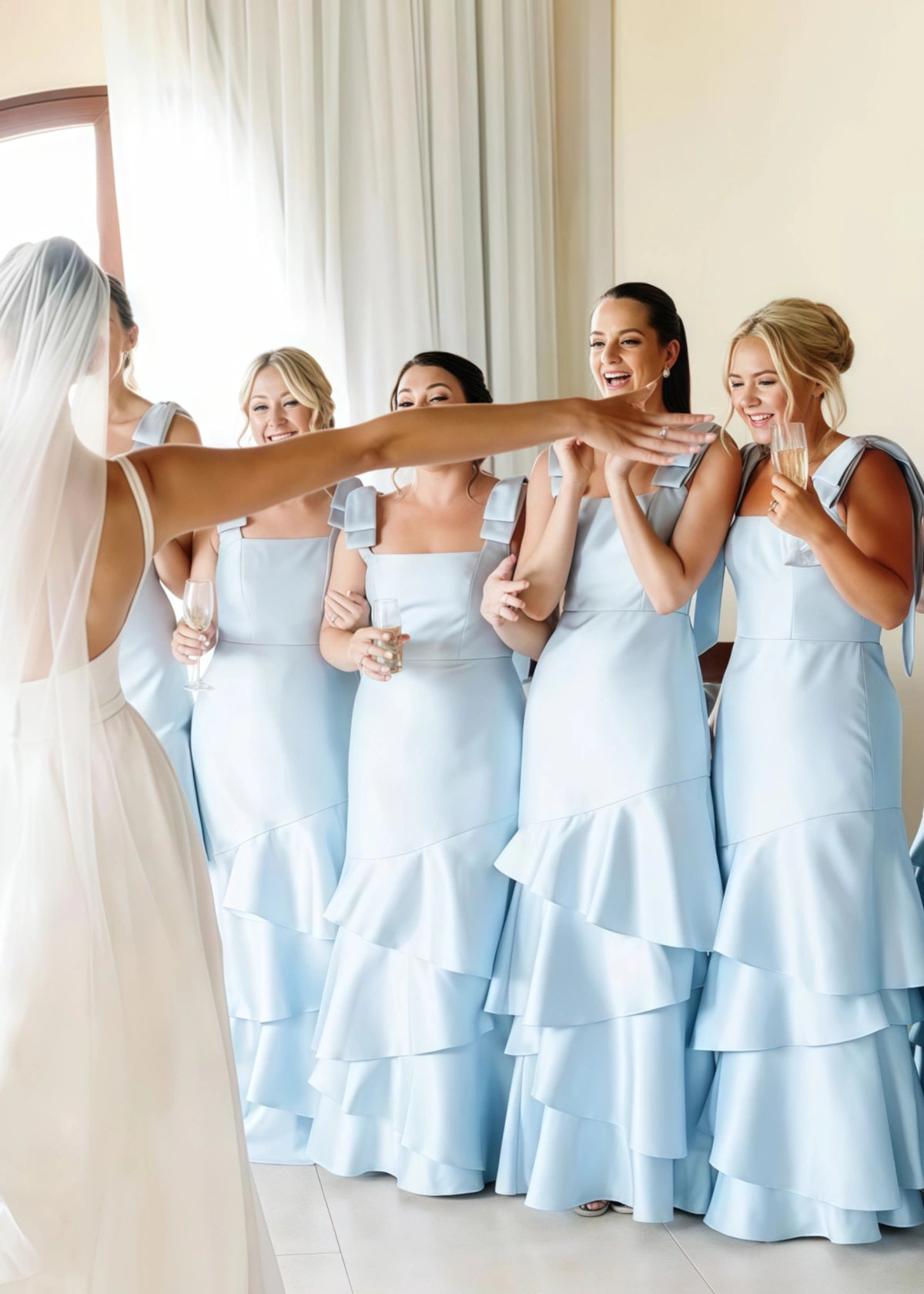 Prudence | Sheath Column Bows Tiered Light Blue Satin Long Bridesmaid Dress - Price #price_variant_lowest# - Light Blue - PromDressClub