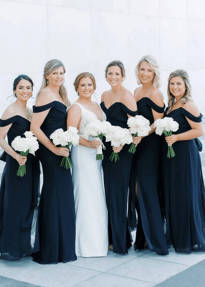 Queena | Mermaid Bow Side Slit Navy Blue Chiffon Long Bridesmaid Dress - Price #price_variant_lowest# - Navy Blue - PromDressClub