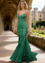 Quinn Emerald Green Flower Mermaid Prom Dress | Spaghetti Strap V - Neck Open Back Tulle Gown - Emerald Green - PromDressClub