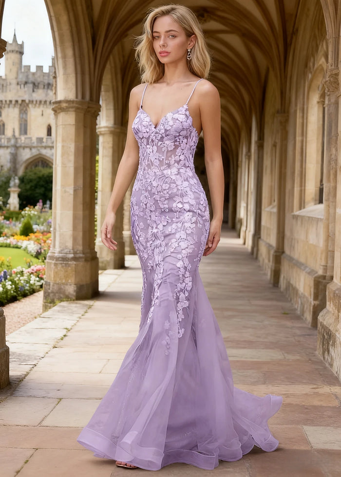 Quinn Lavender Flower Mermaid Prom Dress | Spaghetti Strap V - Neck Open Back Tulle Gown - Lavender - PromDressClub