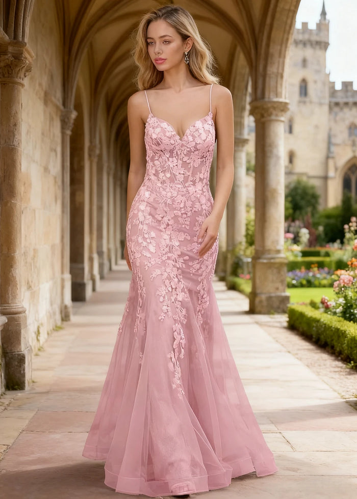 Quinn Pink Flower Mermaid Prom Dress | Spaghetti Strap V - Neck Open Back Tulle Gown - Pink - PromDressClub