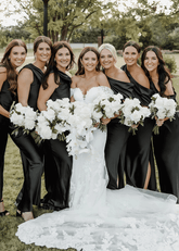 Quintina | Sheath Column Pleated Black Satin Long Bridesmaid Dress - Price #price_variant_lowest# - Black - PromDressClub