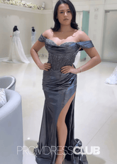 Rebecca |Long Grey Metallic Prom Dresses Websites With Off the Shoulder Ruched Mermaid Beading - Price #price_variant_lowest# - Grey - PromDressClub