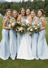 Renata | Elegant Straps Sheath Column Bows Pleats Light Blue Satin Long Bridesmaid Dress - Price #price_variant_lowest# - Light Blue - PromDressClub