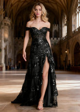 Reverie Black Ruffle Off the Shoulder Prom Dress | Mermaid Sweetheart Strapless Sequin Dress Split - US0 - PromDressClub