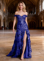 Reverie Royal Blue Ruffle Off the Shoulder Prom Dress | Mermaid Sweetheart Strapless Sequin Dress Split - US0 - PromDressClub