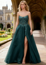 Rhea Dark Green Corset Glitter Prom Dress | A - Line Strapless Floor Length Formal Dress with Slit - Dark Green - PromDressClub