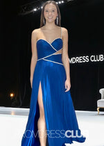 Roberta |Long Royal Blue Metallic Prom Dresses Websites With One Shoulder A - Line Pleated Cut - out Slit - Price #price_variant_lowest# - Royal Blue - PromDressClub