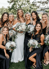 Rosalind | Sheath Column Pleats and Slit Black Satin Long Bridesmaid Dress - Price #price_variant_lowest# - Black - PromDressClub