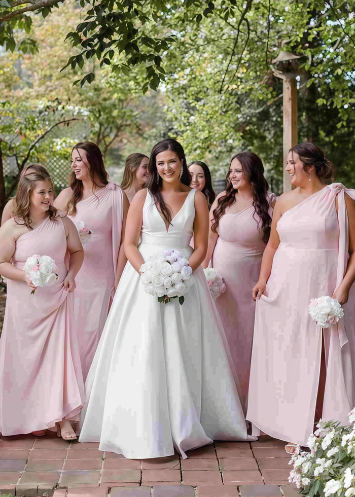 Roxanne | A Line Bows Plus Size Light Pink Satin Long Bridesmaid Dress - Price #price_variant_lowest# - Light Pink - PromDressClub