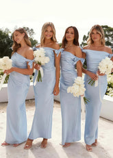 Sally | Sheath Column Pleated Bows Light Blue Satin Long Bridesmaid Dress - Price #price_variant_lowest# - Light Blue - PromDressClub