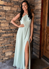 Sandra | Sheath Column Halter Sage Green Chiffon Long Bridesmaid Dress with Slit - Price #price_variant_lowest# - Sage - PromDressClub