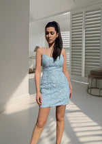 Tammy |Sheath Spaghetti Straps Lace Short Sky Blue Homecoming Dress With Criss Cross Lace - up Back - Sky Blue - PromDressClub