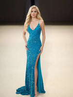 Joyce | Teal and Gold Sequin Mermaid V Neck Prom Dress with Train and Slit - Teal Green - PromDressClub