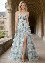 Sia Ruffle Blue Floral Dress Prom | A - Line Spaghetti Strap V - Neck Slit Formal Dress - Blue Floral - PromDressClub