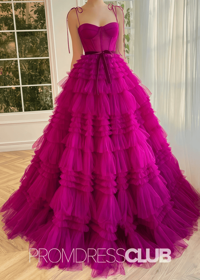 Simona |Fuchsia Tulle Long Formal Dresses With A Line Strapless Tiered Ruffled - Price #price_variant_lowest# - Fuchsia - PromDressClub