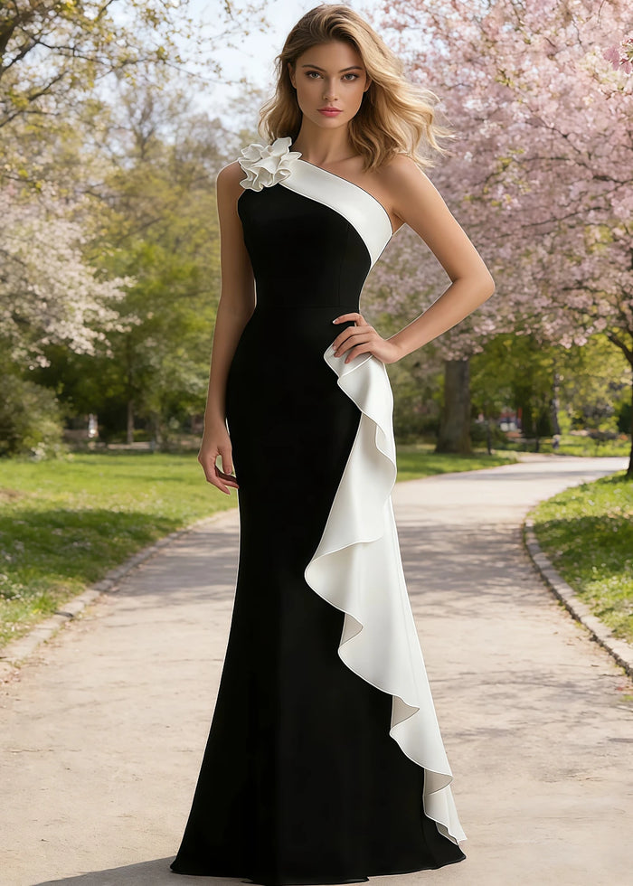 Soren Black and White Prom Dresses with One Shoulder | Sheath Ruffle 3D Flower Black Tie Wedding Guest Dress - White - PromDressClub