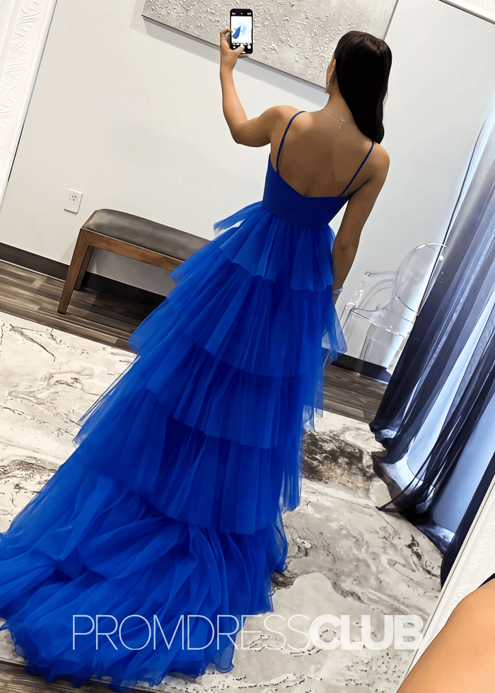 Spring |Blue Tulle Print Long Prom Dresses With A Line Halter Keyhole Ruffle Tiered - Price #price_variant_lowest# - Royal Blue - PromDressClub