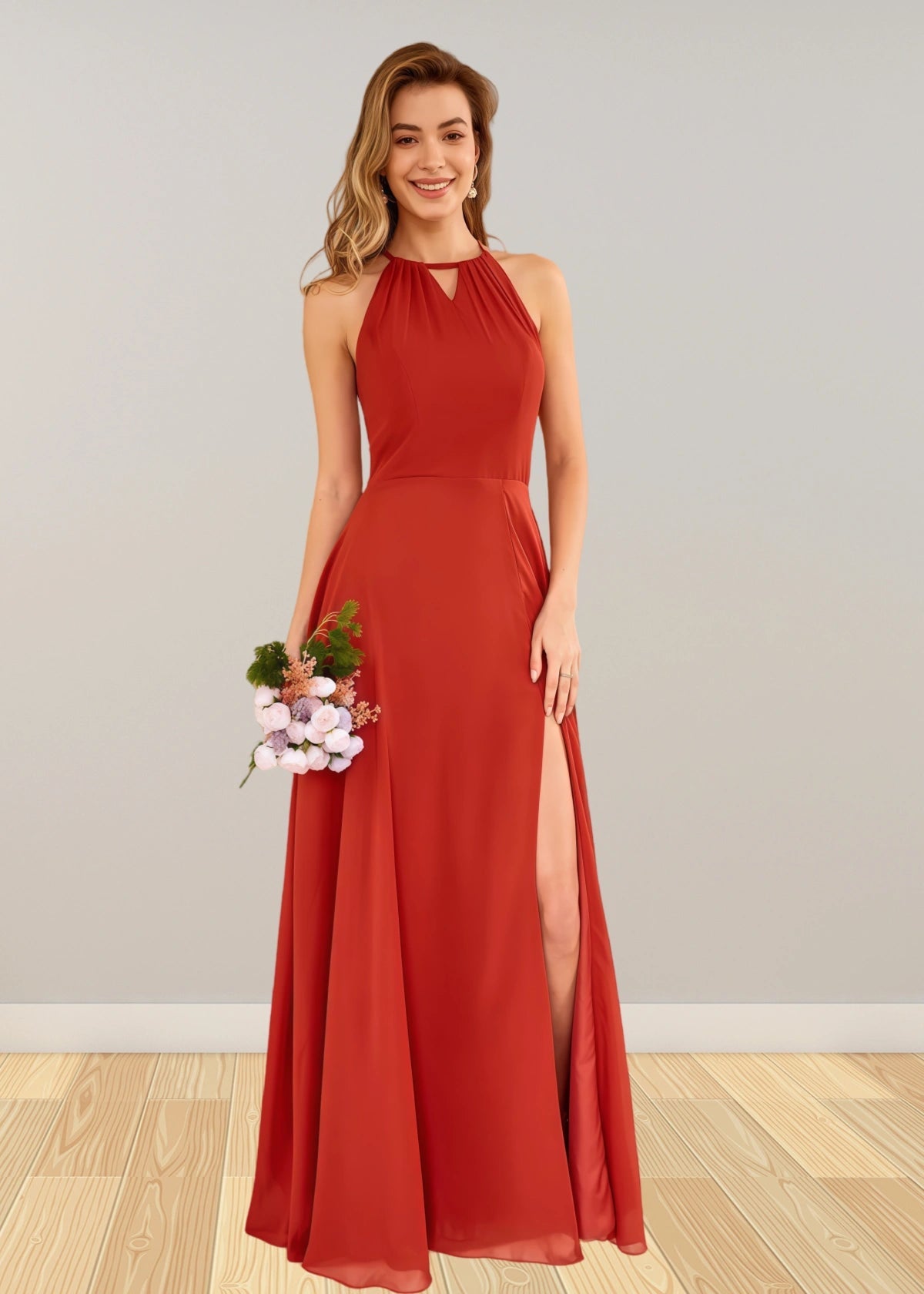 Stacey | Rust Brown A Line Chiffon Maxi Bridesmaid Dress with Slit - Price #price_variant_lowest# - Rust - PromDressClub