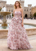 Stella Corset Floral Prom Dress Pink | A - Line Strapless Backless Tulle Gown with Bow - Pink Floral - PromDressClub