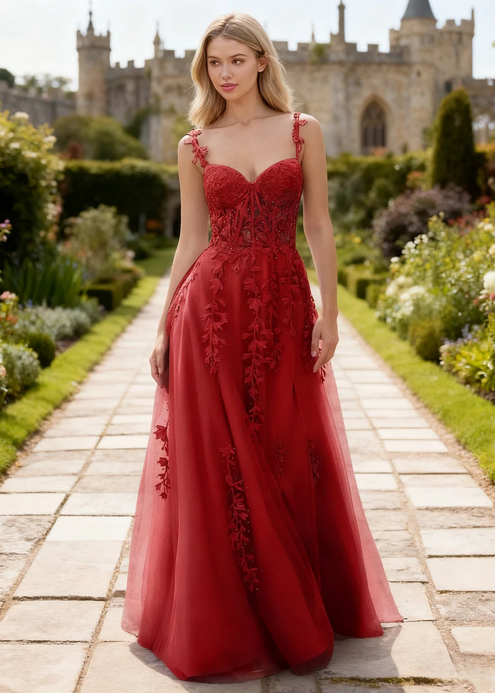 Tansy Red Lace Beaded Prom Dress | A - Line Sweetheart Neckline Corset Tulle Slit Gown - Red - PromDressClub