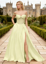 Tegan Pale Yellow Satin Prom Dress Corset | A-Line Off the Shoulder Slit Formal Dress